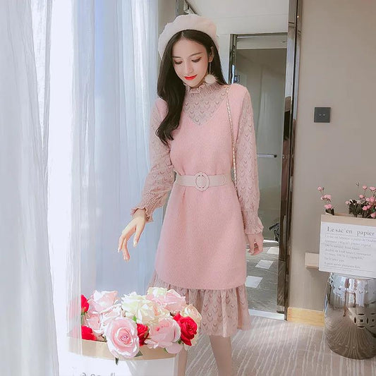 Autumn and Winter Korean Women's Long-sleeved Knitted Lace Dress Mid-length Loose and Thin Base Dress