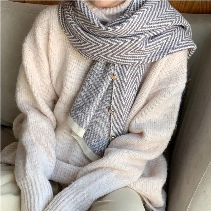 Ladies Shawl Cloak Scarf Autumn Winter Dual-use Irregular Striped Printting Scarf Shawl Korean Style All Match Buttons Keep Warm