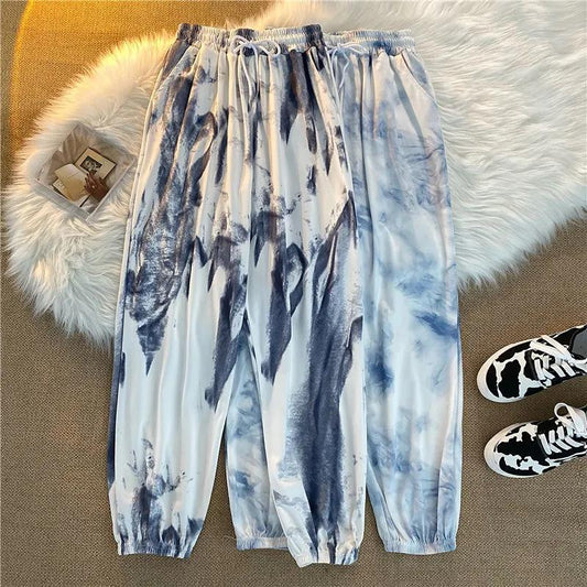 Women Spring Summer Long Pants Vintage High Waist Casual Pants Elastic Waist Loose Versatile Streetwear Tie Dyed Jogger Pants
