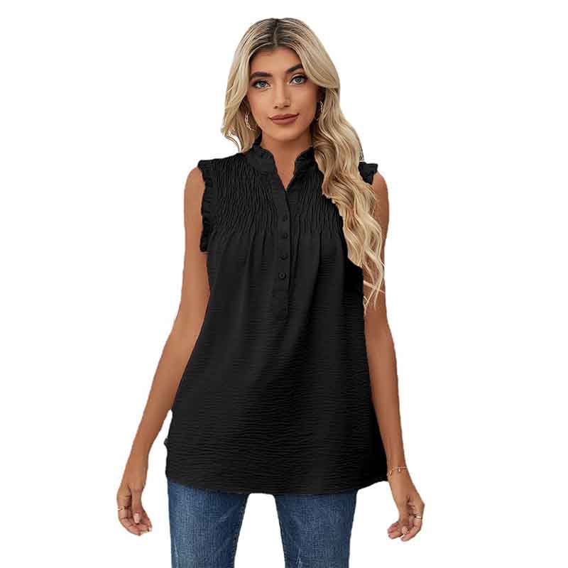 European and American Shirt Women's Sleeveless High Neck Button Frill Loose Casual Top