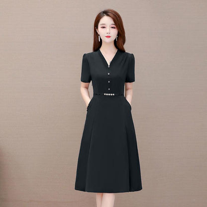 Women's Dress Summer Loose Casual Large Size Medium Long Short Sleeve Waist V-neck A-line Long Skirt