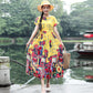 Women Ethnic Style Printed Dress Summer Loose Large Size Short-sleeved Literary Retro Waist Long Skirt