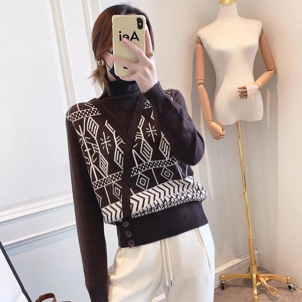Retro Fake Two-piece Thickened Turtleneck Bottoming Shirt Women's Vest Stitching Knitted Sweater Fashion Slim Short Sweater
