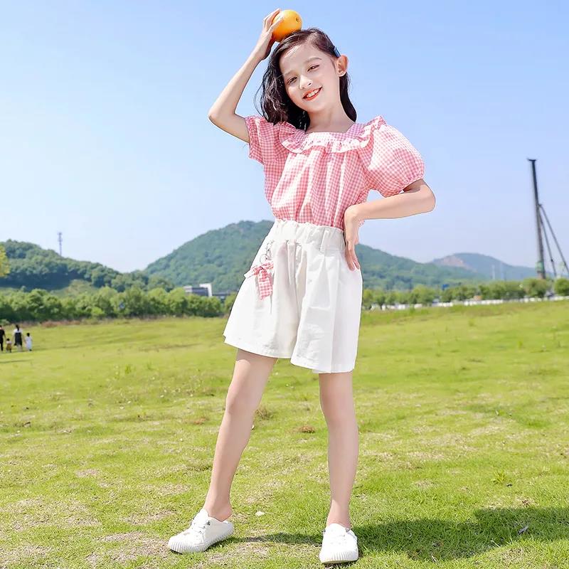Girls Fashion Clothes Suit Short Sleeve Shirt Short Skirt 2-piece Suit Cartoon Girl Bowknot Cotton Children Clothes Suit