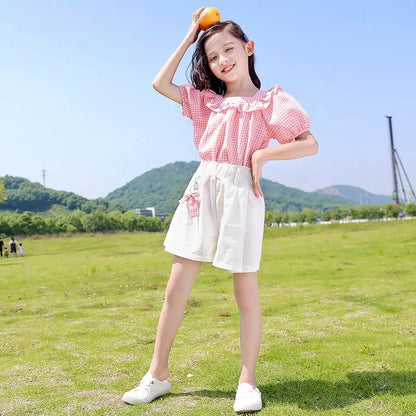 Girls Fashion Clothes Suit Short Sleeve Shirt Short Skirt 2-piece Suit Cartoon Girl Bowknot Cotton Children Clothes Suit