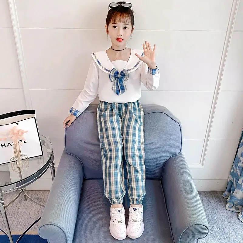 College Style Long-sleeved Plaid Pants Girls Spring and Autumn Two-piece Loose Breathable Bow Cute Casual Children's Suit