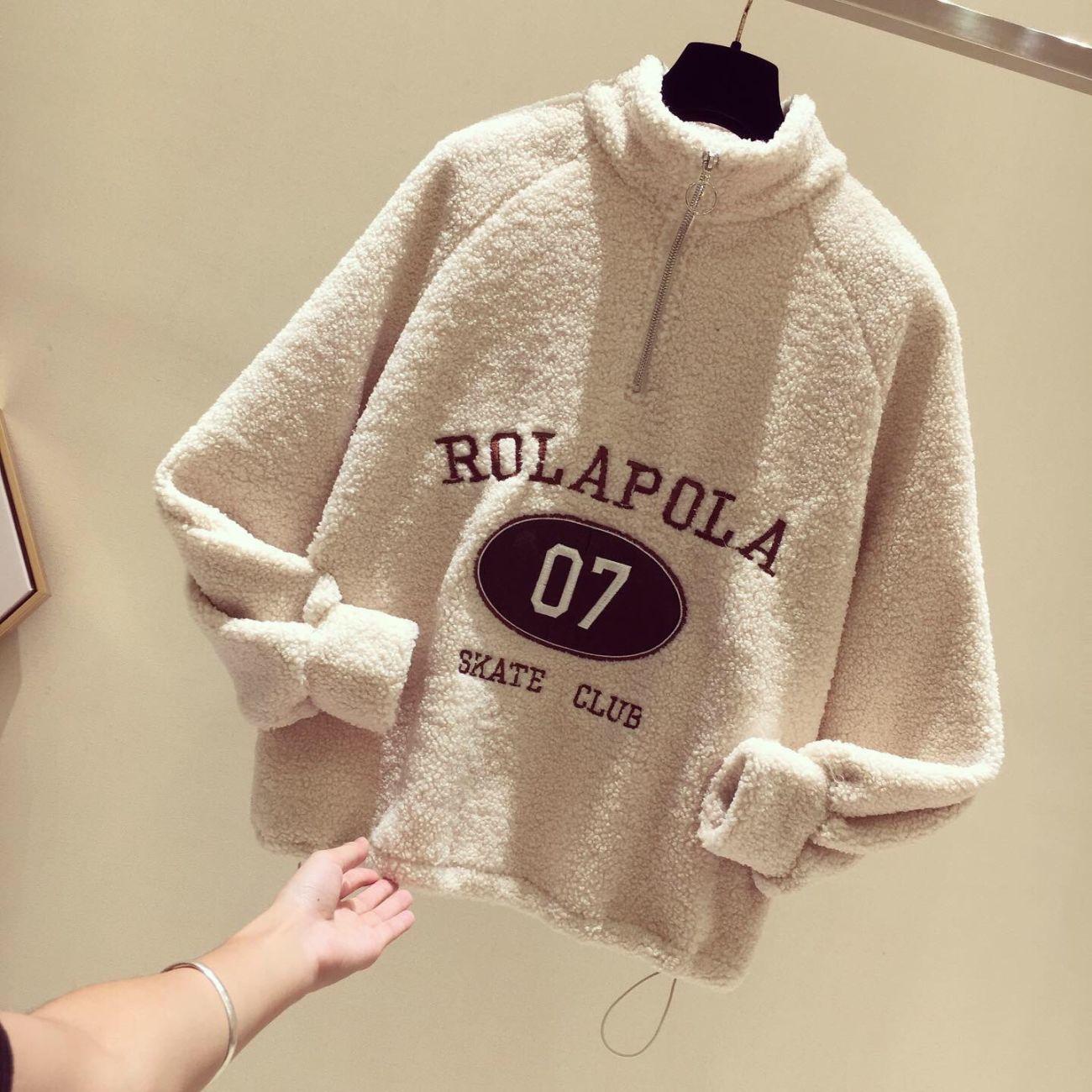 Faux Lamb Wool Plus Fleece Sweater Autumn and Winter Loose Half Zipper Coat Furry Padded Top