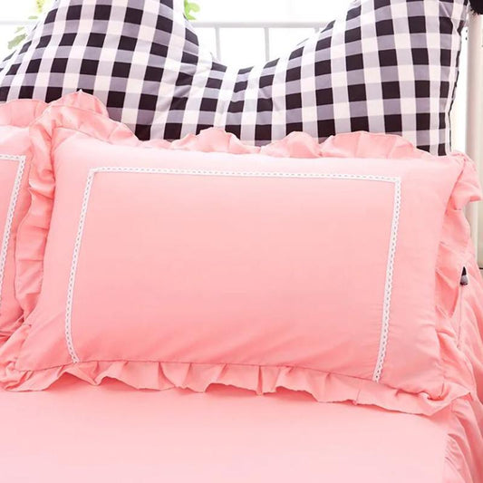 A Pair of Solid Color Lace Pillowcases for Student Dormitory Brushed Princess Style Pink Ruffled Pillowcases