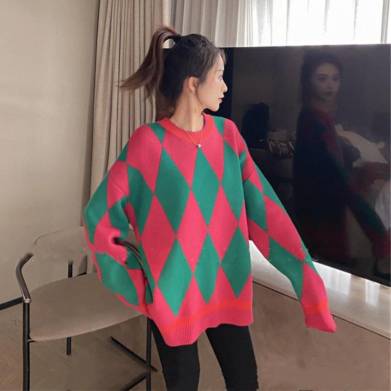 Women Retro Loose Sweater Color Block Diamond Check Pullover Sweater Round Neck Knit Jumpers Top Outwear