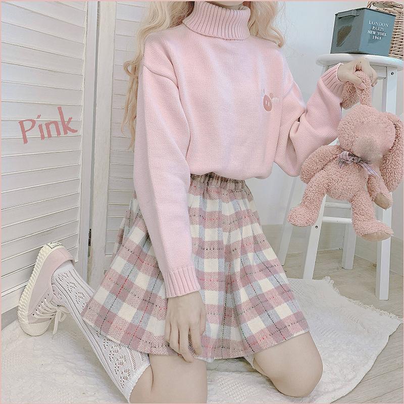 Sweet Suit High Neck Warm Knitted Sweater Women + A-line Short Skirt Loose Two-piece Suit All-match Cute Woolen Short Skirt Women