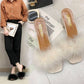 Fur Slippers Women Fluffy  Sandal Sliders Comfort Summer High -Heeled Open Toe  Sandal Slippers Sweet Ladies Block Heel Slippers Footwear