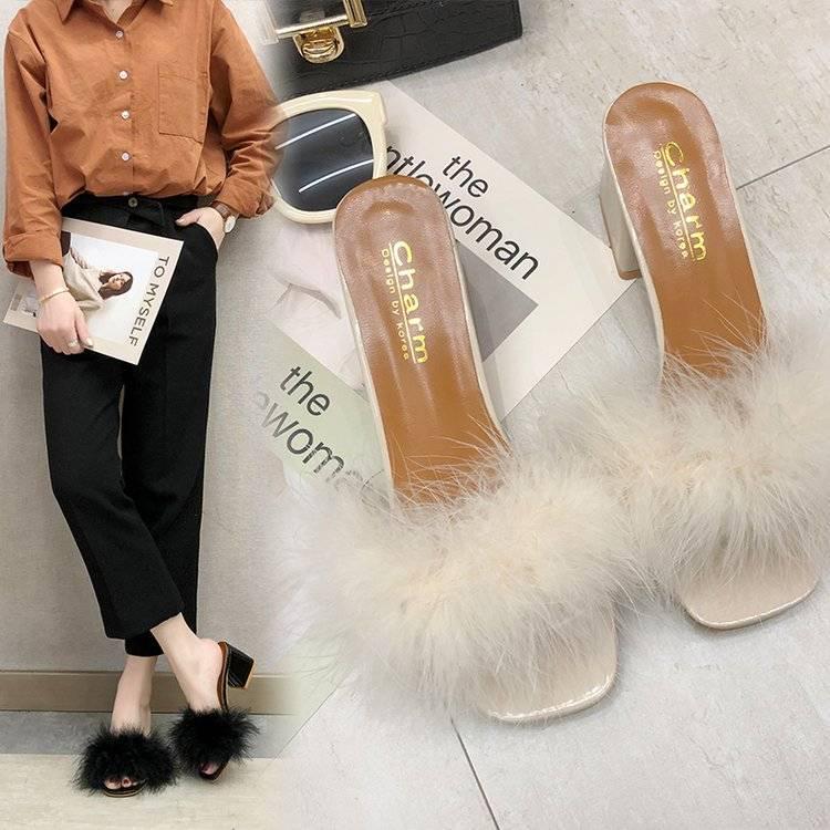 Fur Slippers Women Fluffy  Sandal Sliders Comfort Summer High -Heeled Open Toe  Sandal Slippers Sweet Ladies Block Heel Slippers Footwear