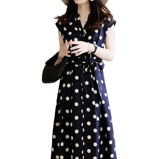 French Retro Polka Dot Dress Female Summer Short-sleeved Waist Waist Was Thin All-match Casual Over-the-knee Skirt