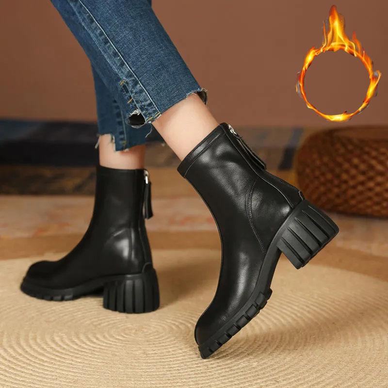 Martin Boots Woman Round Head Retro Boots Black Middle Boots Back Zipper Chelsea Boots Snow Boots Plus Velvet Warm Cotton Boots Winter Boots