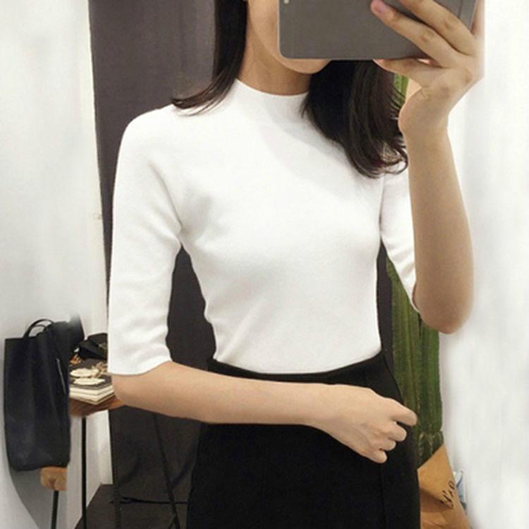 Pofulove Autumn Half-high Collar Mid Sleeve Shirt Women Five-point Sleeves Sweater Black Bottoming