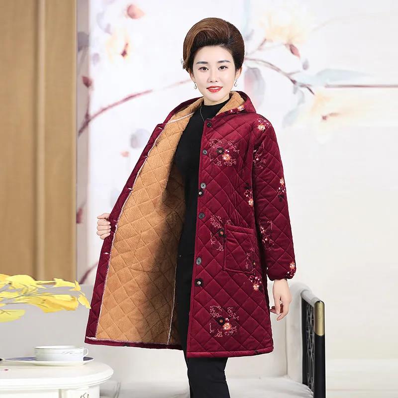 Winter Padded Jacket Chinese Style Printed Hooded Down Jacket Plus Velvet Padded Mid-length Padded Coat