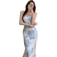 Female Vintage Suspender Floral Print Wrap Buttocks Mid Length Holiday Dress Elegant Slim Backless Party Dress