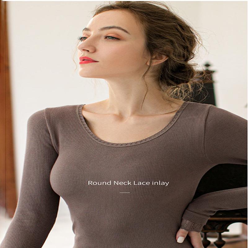 Women Winter Autumn Clothes Thermal Underwear Plus Size O-neck Tops Pants Female Tight Suit Thicken Windproof Soft Lining Long Sleeve High Elasticity