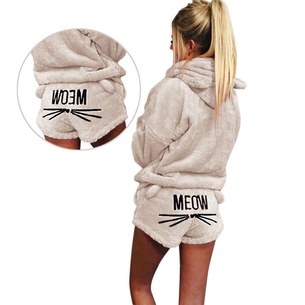 Women Fashion Warm Cute Cat Two Piece Hoodie Sleepwear Winter Pajamas Set Plus Size