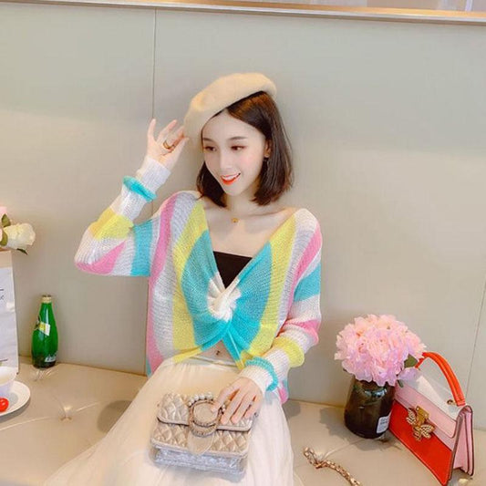 Autumn Winter Sexy Crop Sweater women Deep V-neck Pullover Sweater Long-sleeve Sweater Loose All-match Striped Sweater
