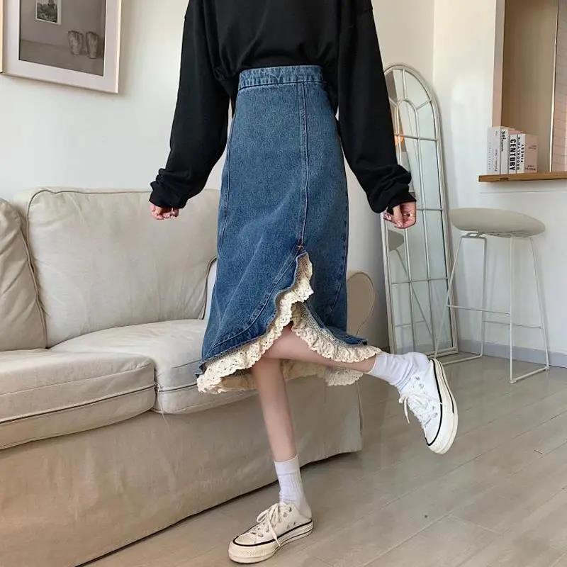 Women Sexy Sweet Solid Split Denim Skirt Lace High Waist Above Knee Hip Skirt Casual Club Home Office