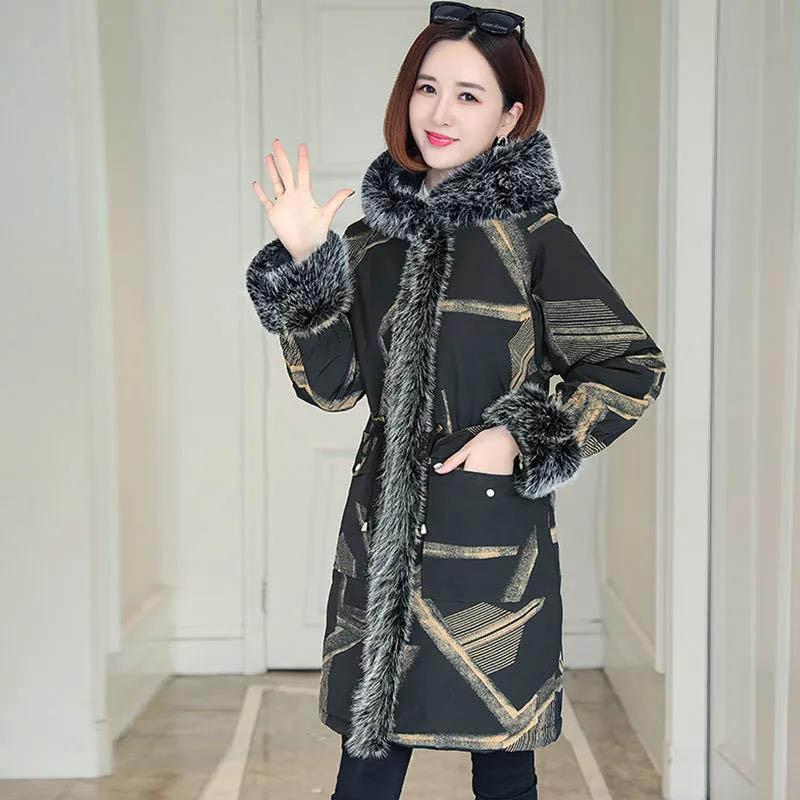 Pie Overcoming Fur Women's Large Fur Collar Cotton Jacket Hooded Mid-length Women's Thick Plus Size Jacket