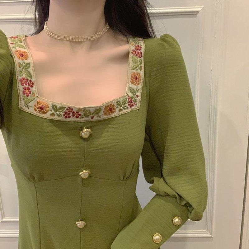 French Dress Design Sense Waist Stalk Orange First Love Skirt Sen Style Gentle Wind Temperament Over-the-knee Long Skirt