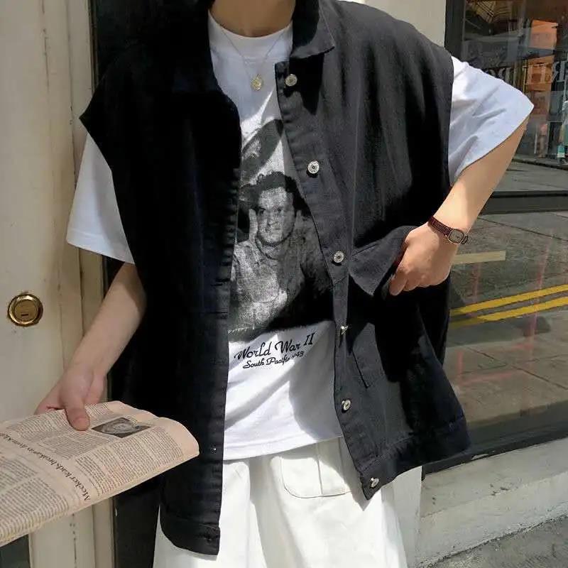 Turn-down Collar Solid Color Women's Vest Sleeveless Spring and Summer Loose Casual Buttons Coat Black White Waistcoat