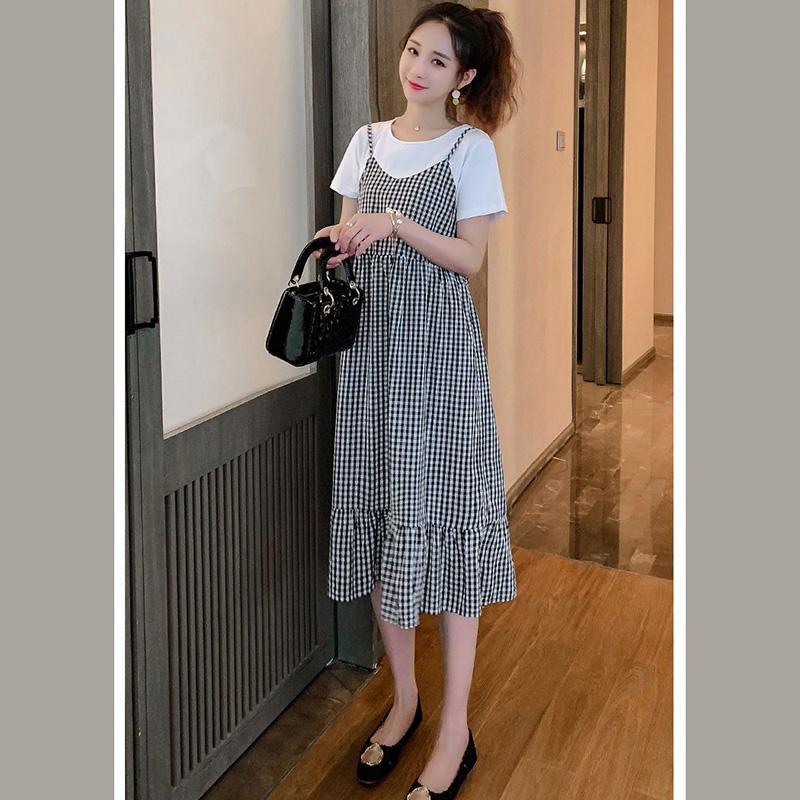 Maternity Clothes Short Sleeve Dress Mid-length Black Lace Loose Plus Size Mesh Round Neck Splicing Ruffle Skirt