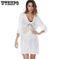 Hollow Out Beach Dresses Women Summer White V Neck Slit Lace Sexy Mini Dress Chiffon Loose Pullover
