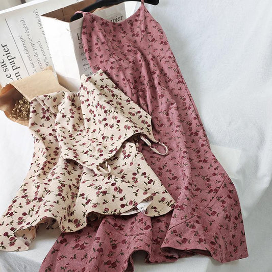Female Summer Corduroy Retro Little Fresh Elegant Mid Long Suspender Floral Holiday Dress