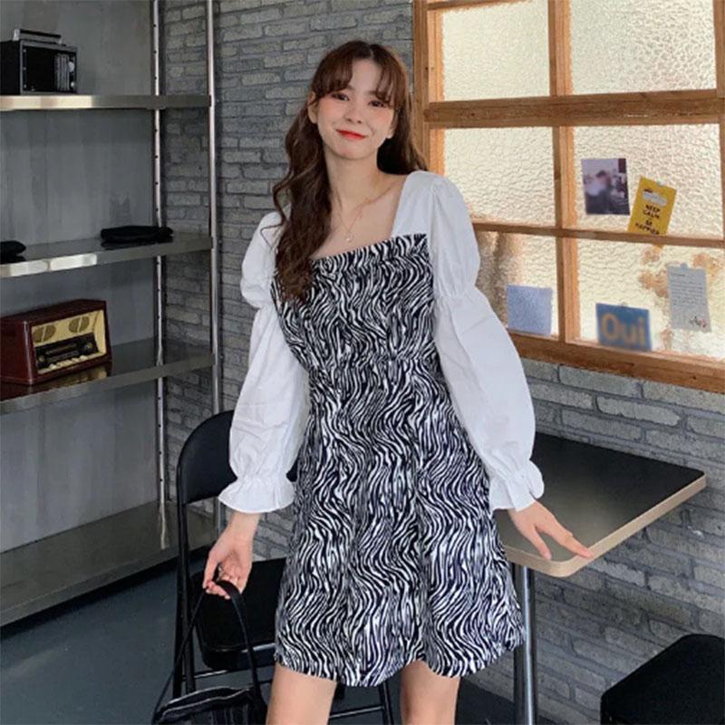 Long-sleeved Spring and Summer Chic Square Collar Is Thin Outdoor Zebra Pattern Long-sleeved Short Skirt Foreign Style Fashion Small Dress Female