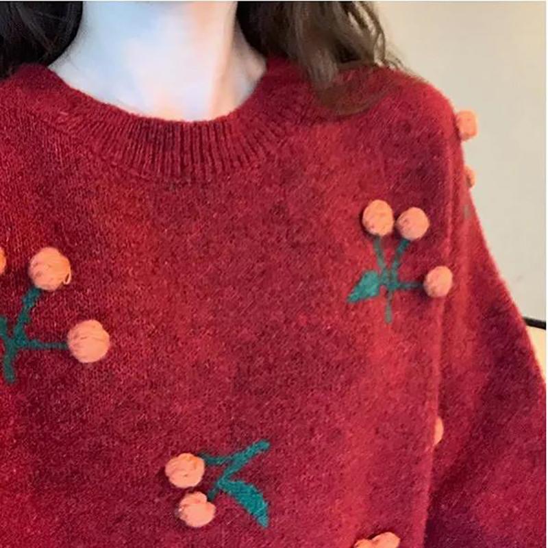 Autumn and Winter Women's Sweater Korean Loose Round Neck Pullover Retro Cherry Pattern Top