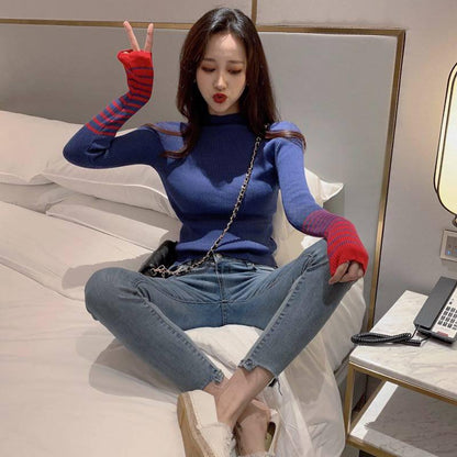 Color Matching Sweater Women's Retro Wild Style Slim Bottoming Sweater Long Sleeve