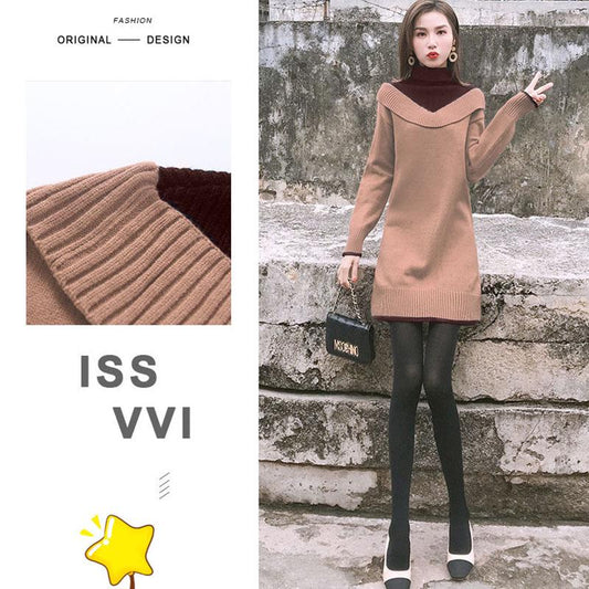 Autumn Winter Sweater Dresses for Women Thick Slim Mid-length Knitted Dress turtleneck  Pullover Sweater Dress