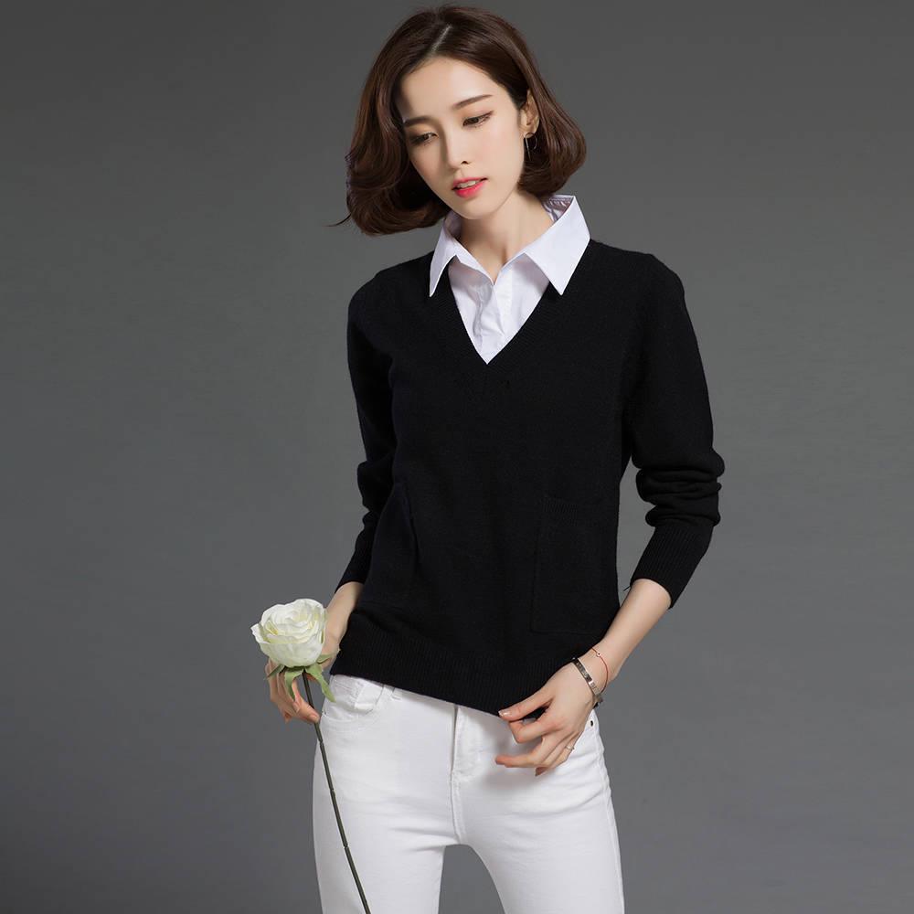 Fake Two-piece Sweater Tops Women's Lapel Pullover Sweater Outer Wear all-mach Loose Short Thick Knitted Sweater OL Style Office Ladies Workwear