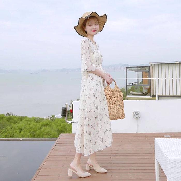 Pofulove Plus Size Women Summer Floral Chiffon Dress Slim Short Dress Over The Knee Sexy Dress