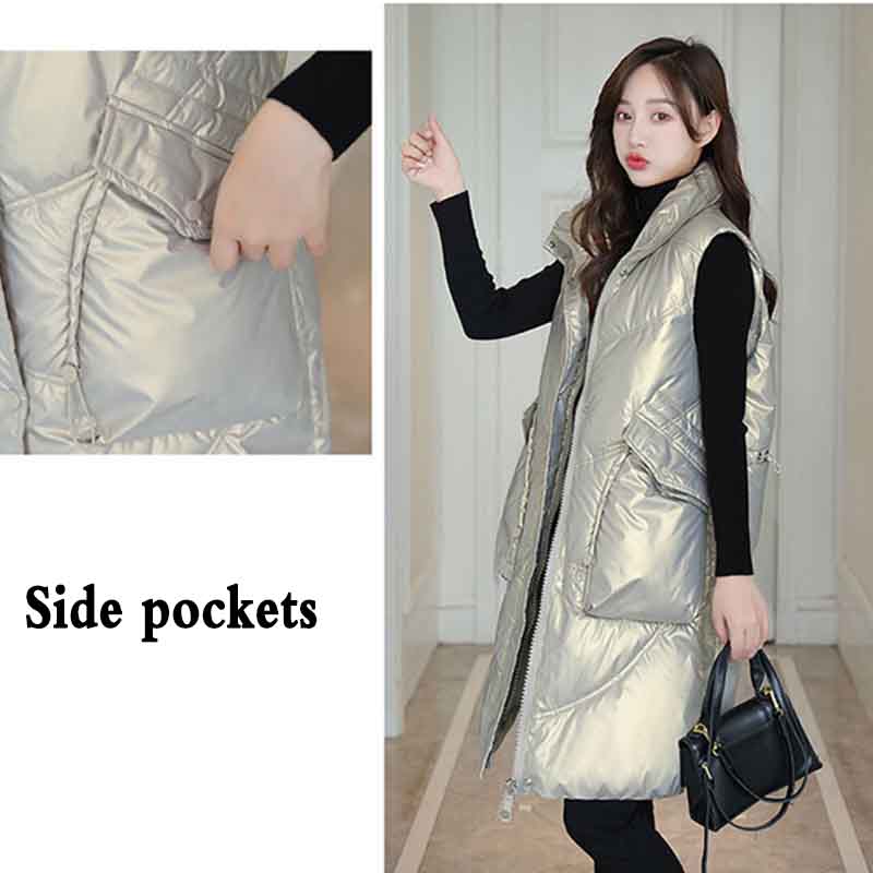 Cold-proof Vest Women's Autumn and Winter Bright Surface Wash-free Down Cotton Mid-length Outer Wear Vest Jacket