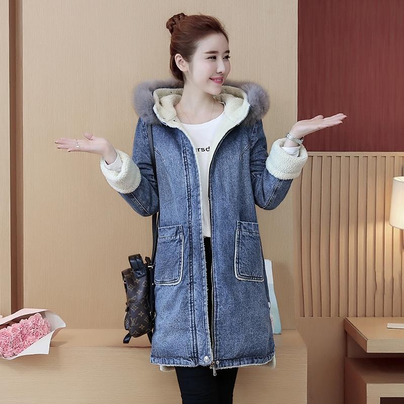 Womens Long Thick Fur Collar Hooded Down Jacket loose Winter Warm Jeans Coat Women Parkas ladies