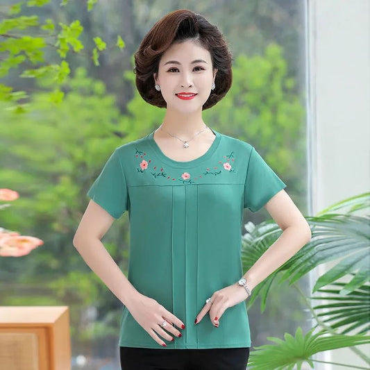 Embroidered Short-sleeved T-shirt Middle-aged and Elderly Women's Large Size Loose Bottoming Shirt Women's Short-sleeved Summer Top