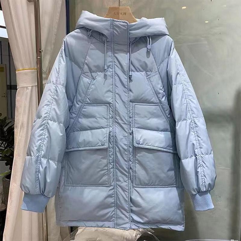 White Duck Down Jacket Korean Style Loose Bread Down Jacket Women Mid-length Hooded Cocoon Coat