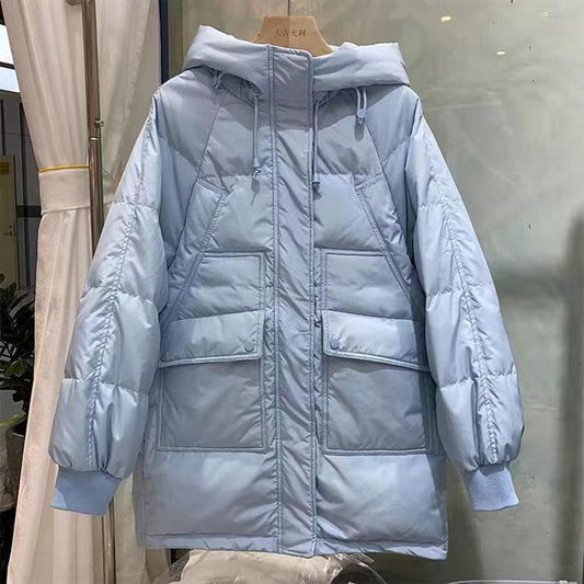 White Duck Down Jacket Korean Style Loose Bread Down Jacket Women Mid-length Hooded Cocoon Coat
