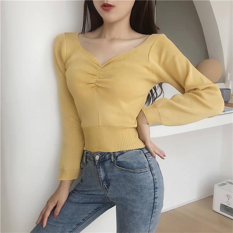 Sexy Low-neck Pullover Long Sleeve Short Sweater Women Open Navel  Slim Waist Knitwear