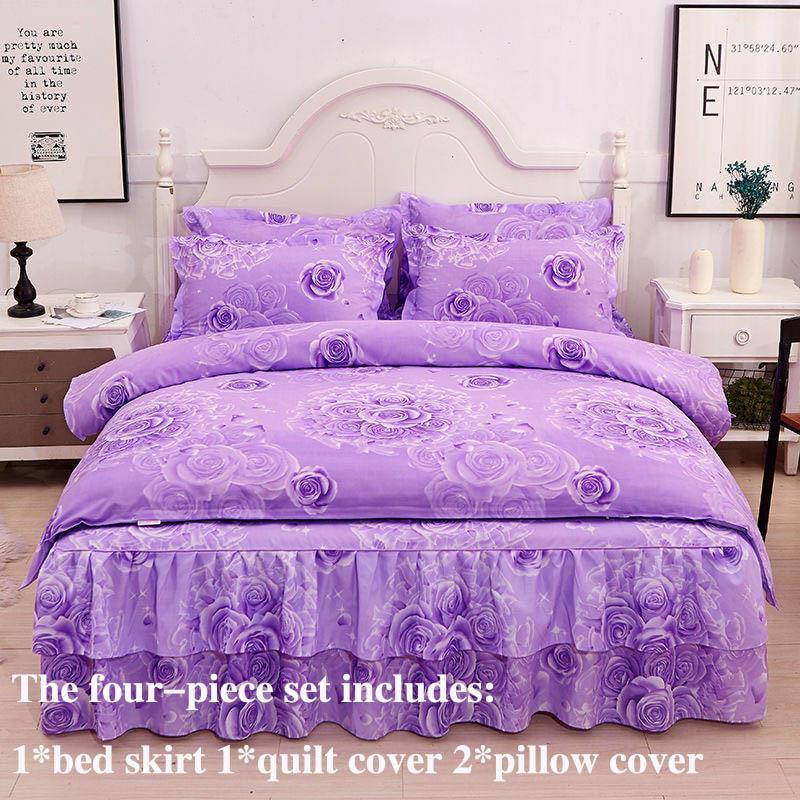Four-piece Bed Skirt Printed Bedding Skin-friendly Sanding Quilt Cover Pillowcase Bilateral Bed Skirt Set
