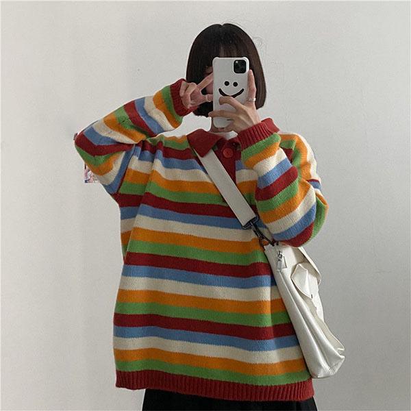 Autumn and Winter College Style Color Stripes Student Loose Mid-length Coat Sweater Women