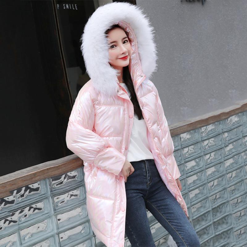 Women's Bright Face Hooded Down Jacket Mid-length Korean Loose Thick Coat Warm Cotton Coat Large Wool Collar Winter Quilted Coat