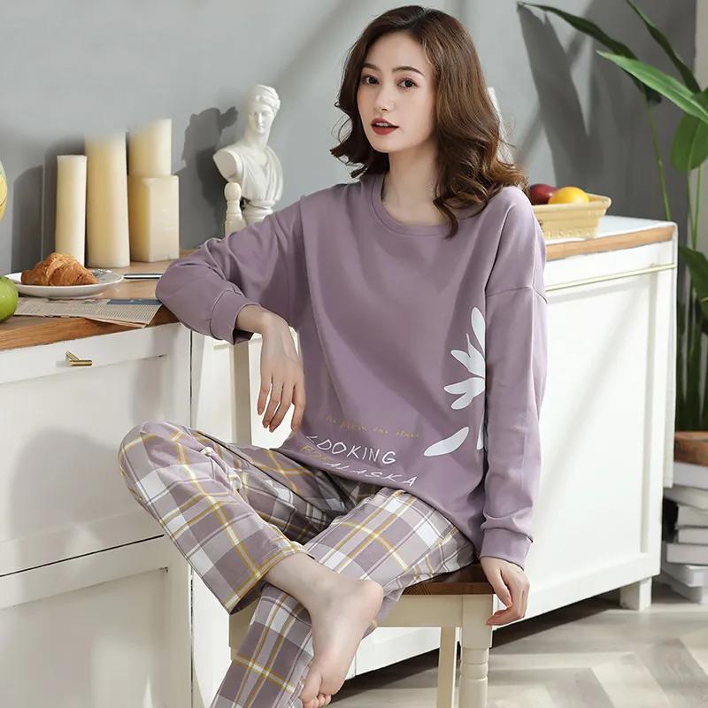Women's Pajamas Cotton Long Sleeve Pyjamas Suit Spring Autumn Sleepwear Set Casual Simple Loose Home Wear Cute Nightwear Tops Pants Pullover O Neck