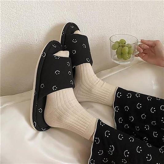 Cute Smiling Face Cotton Slippers Autumn and Winter Warm Flat Shoes Indoor Non-slip Cotton Shoes Soft Shoes