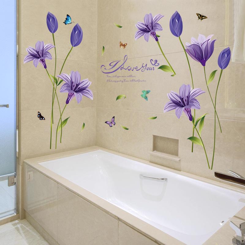 Purple Lily Wall Sticker Living Room Bedroom TV Background Decoration Sticker romantic wallpaper