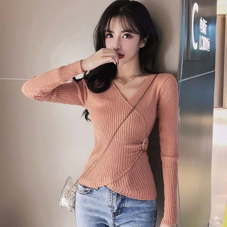 Pofulove Sexy V-neck Pullover Sweater Women Slim Waist Knitwear Base Knitted Shirt Women Blouse
